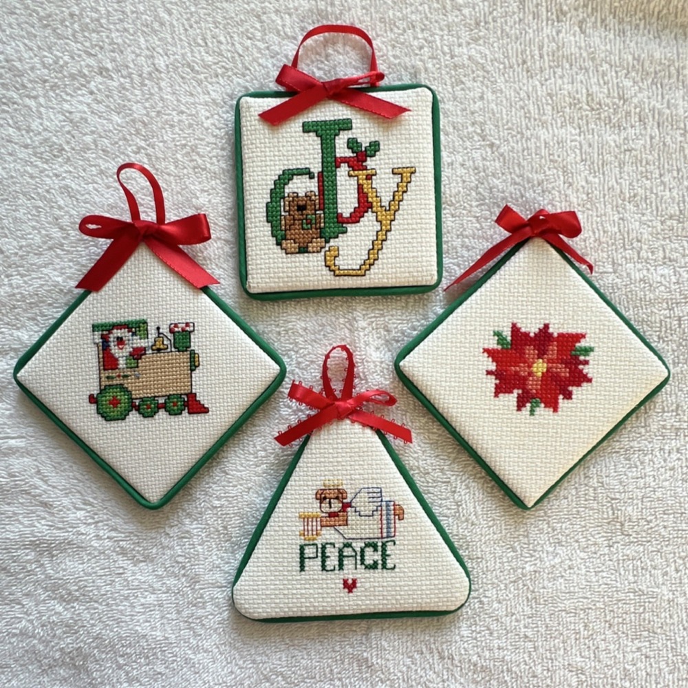 Set of 4 Handmade Embroidered Fabric Christmas Ornaments Cross Stitch Peace